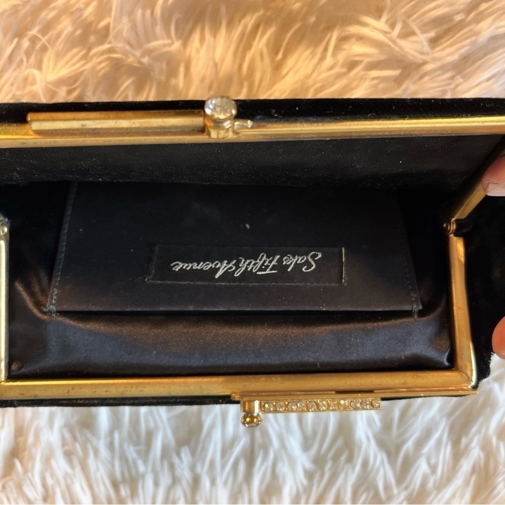 Vintage SAKS FIFTH AVENUE Black Velvet Culch Gold Metal Rhinestones Bag Purse - Picture 9 of 10